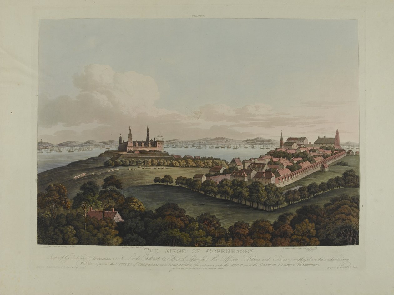 Danmark 1807: Belägringen av Köpenhamn, graverad av Robert Pollard (1792-1867) och Joseph Constantine Stadler (1780-1812) publicerad 1807 (färgad akvatint) av James Pattison Cockburn