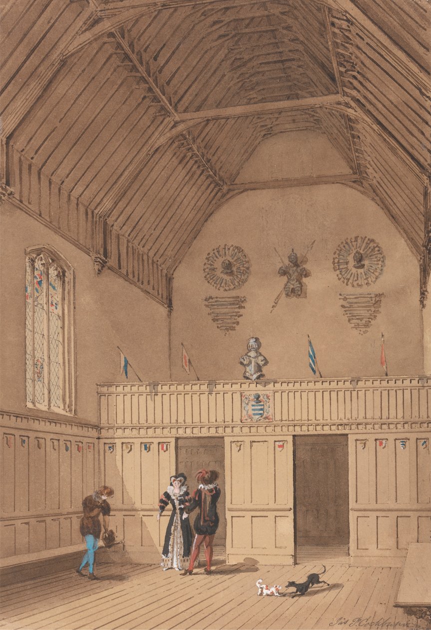 Raftered Hall med figurer i 1500-talsklänning av James Pattison Cockburn