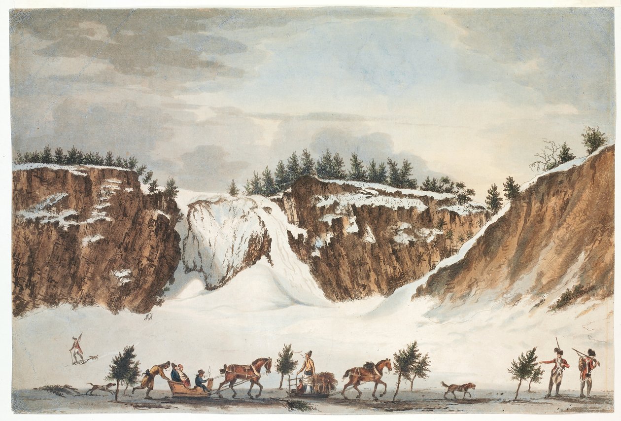 En vintervy av fallen i Montmorenci från vägen på isen som frontar den, tagen 12 april 1781, graverad av John Wells av James Peachey