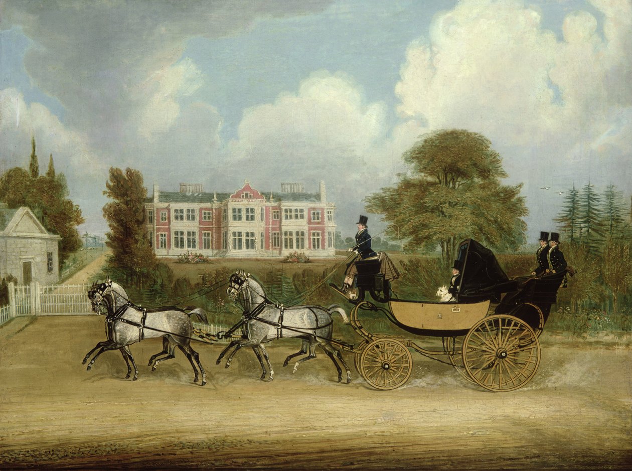 En Barouche tecknad av Four Greys som passerar en Jacobean Mansion av James Pollard