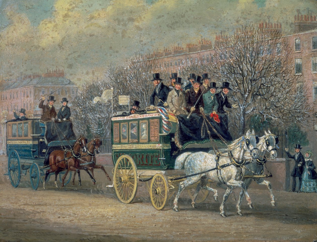 "A Street Scene with Two Omnibuses", 1845. av James Pollard