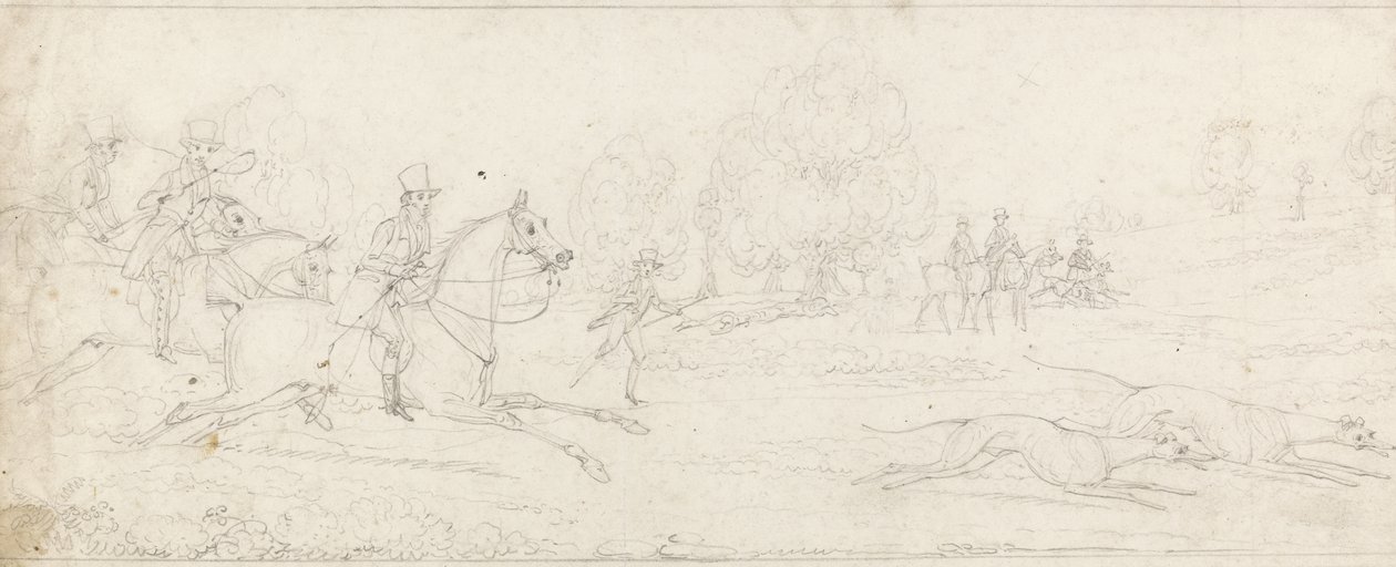 Coursing, en grupp ryttare som galopperar från vänster efter ett par vinthundar (grafit på papper) av James Pollard