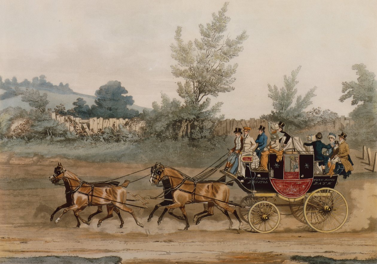 Light Post Coach (färgad gravyr) av James Pollard