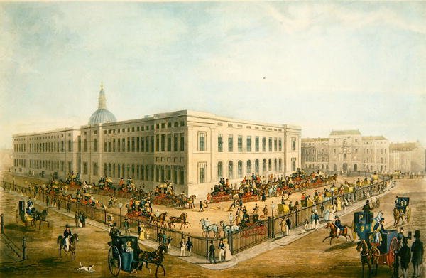 Nordostvy över det gamla allmänna postkontoret med Royal Mail Carriages som förbereder sig för avresa, ca 1830 (akvatint på papper) av James Pollard