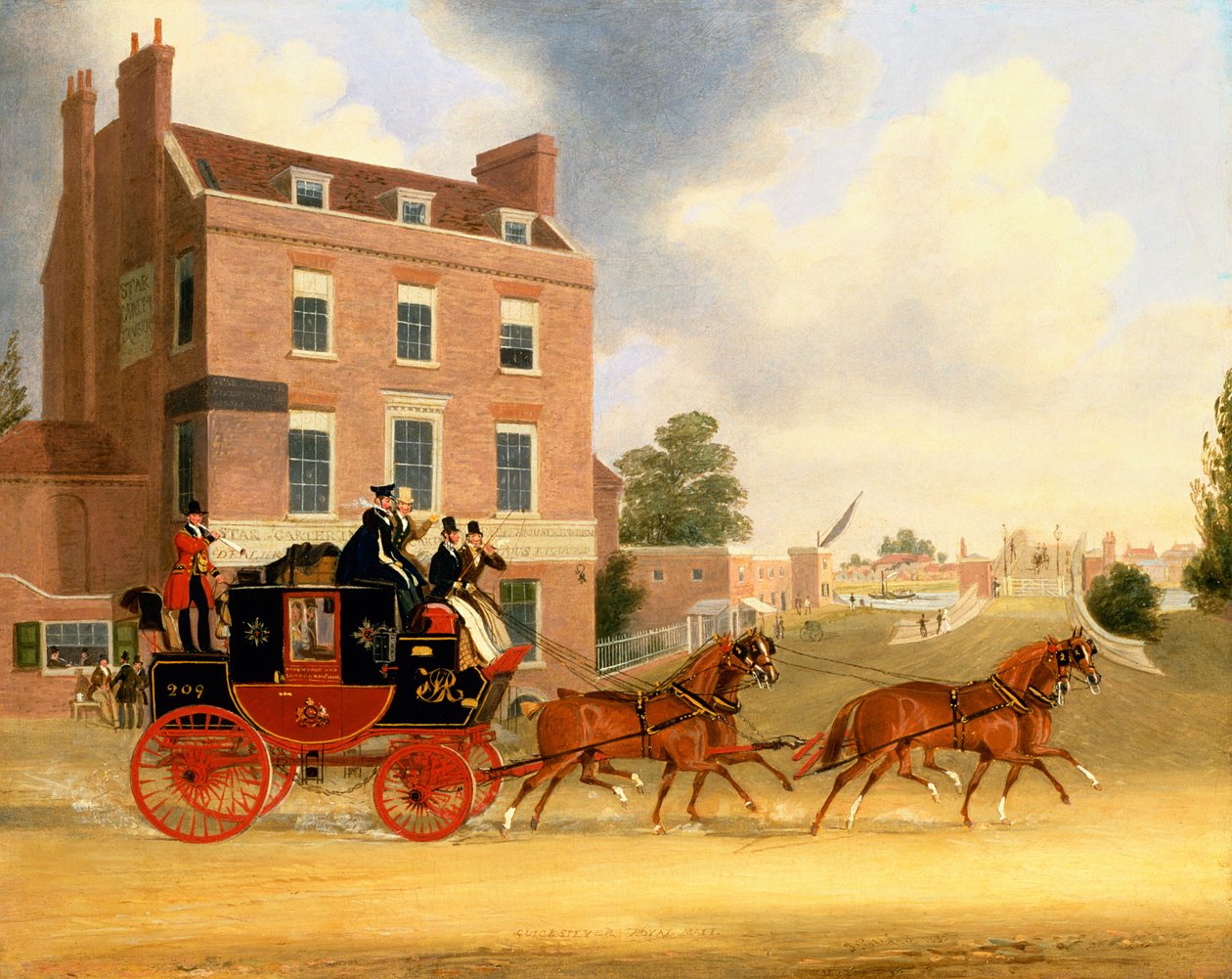 Quicksilver Royal Mail passerar stjärnan och strumpebandet vid Kew Bridge av James Pollard