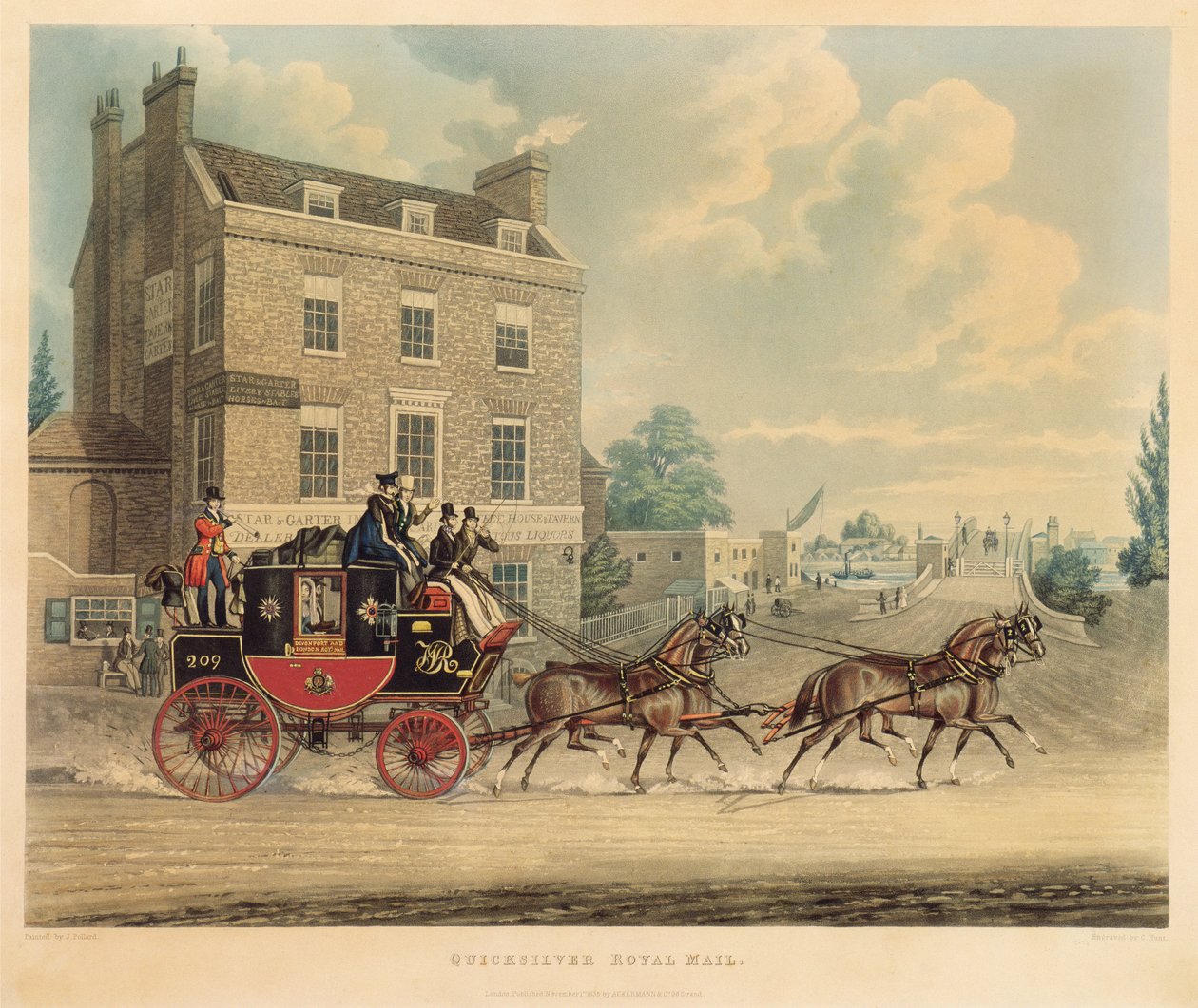 Quicksilver Royal Mail passerar stjärnan och strumpebandet vid Kew Bridge, 1835 av James Pollard