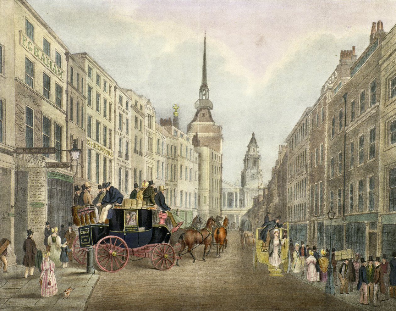 Cambridge Coach lämnar Belle Sauvage Yard, Ludgate Hill av James Pollard