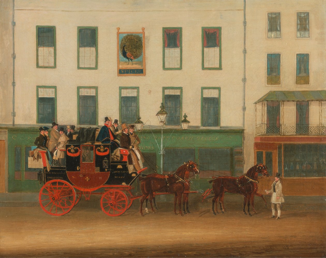 London-Manchester Stage Coach, "The Peveril of the Peak", utanför Peacock Inn, Islington av James Pollard