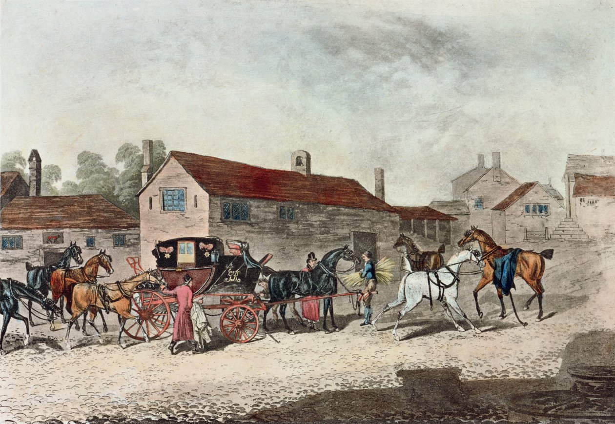 The Mail Coach Changing Horses, graverad av R. Havell, 1815 av James Pollard