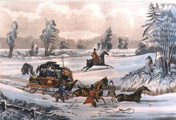 The Mail Coach in a Drift of Snow, graverad av G. Reeves, pub. av J. Watson 21/9/1825 (gravyr) av James Pollard