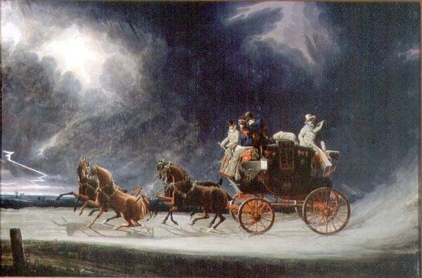 The Norwich Mail Coach in a Thunderstorm on Newmarket Heath (olja på duk) av James Pollard