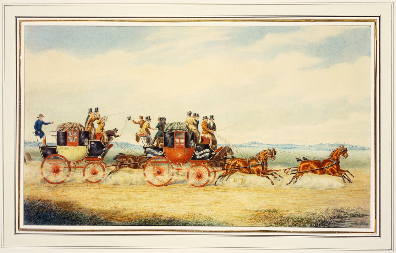 Royal Union Coach passerar Alexander Leeds Coach av James Pollard