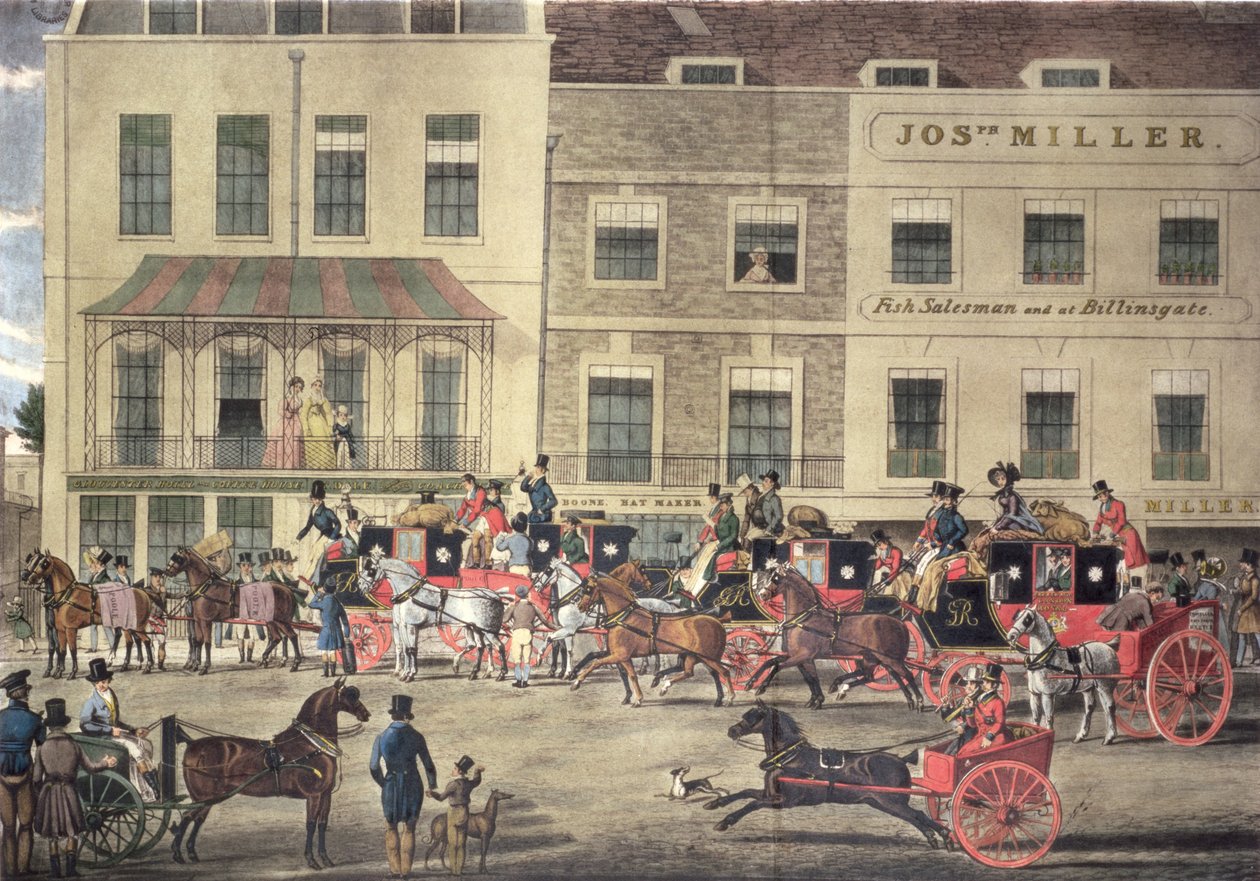West Country Mails på Gloucester Coffee House, Piccadilly, graverade av C. Rosenberg, 1828 av James Pollard
