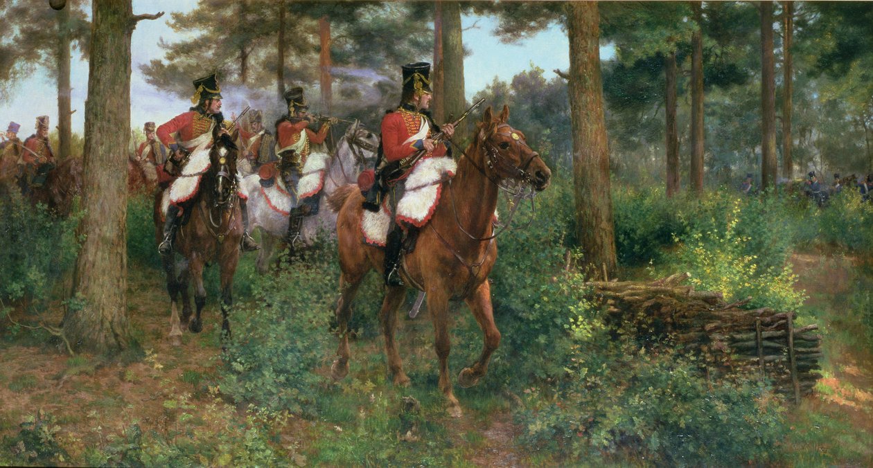 An Affair of Outposts, the 9th Hussars of Napoleons 1st Army 1806 (olja på duk) av James Prinsep Beadle