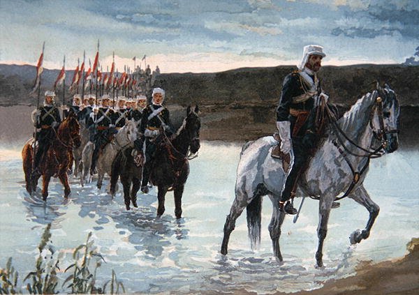 Den 17:e Lancers på marschen i Centrala Indien 1858 (färg litho) av James Prinsep Beadle