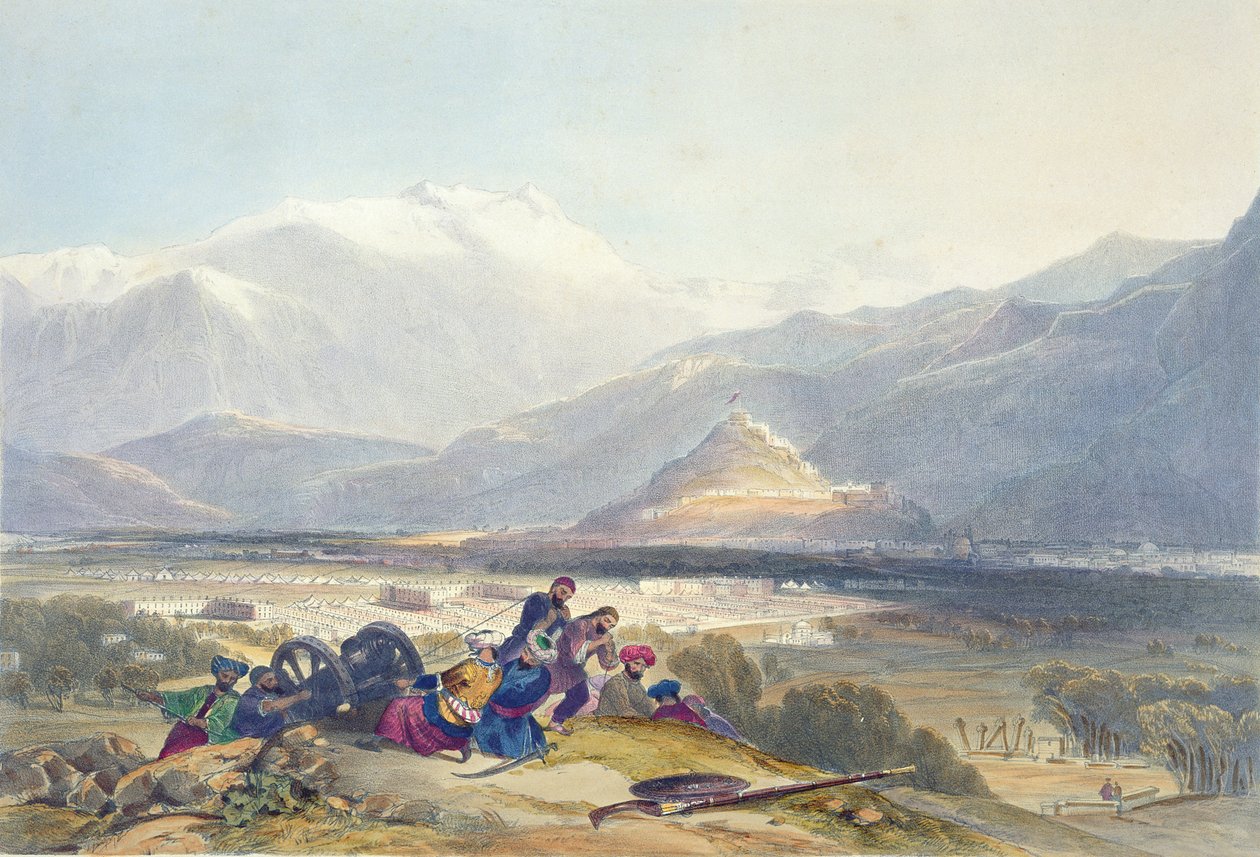 Bala Hissar och Kabuls stad med de brittiska kantoneringarna från Ba Maroo Hill, när fientligheterna började, platta 16 från "Scenery, Inhabitants and Costumes of Afghanistan", graverad av R. Carrick (ca. 1 av James Rattray