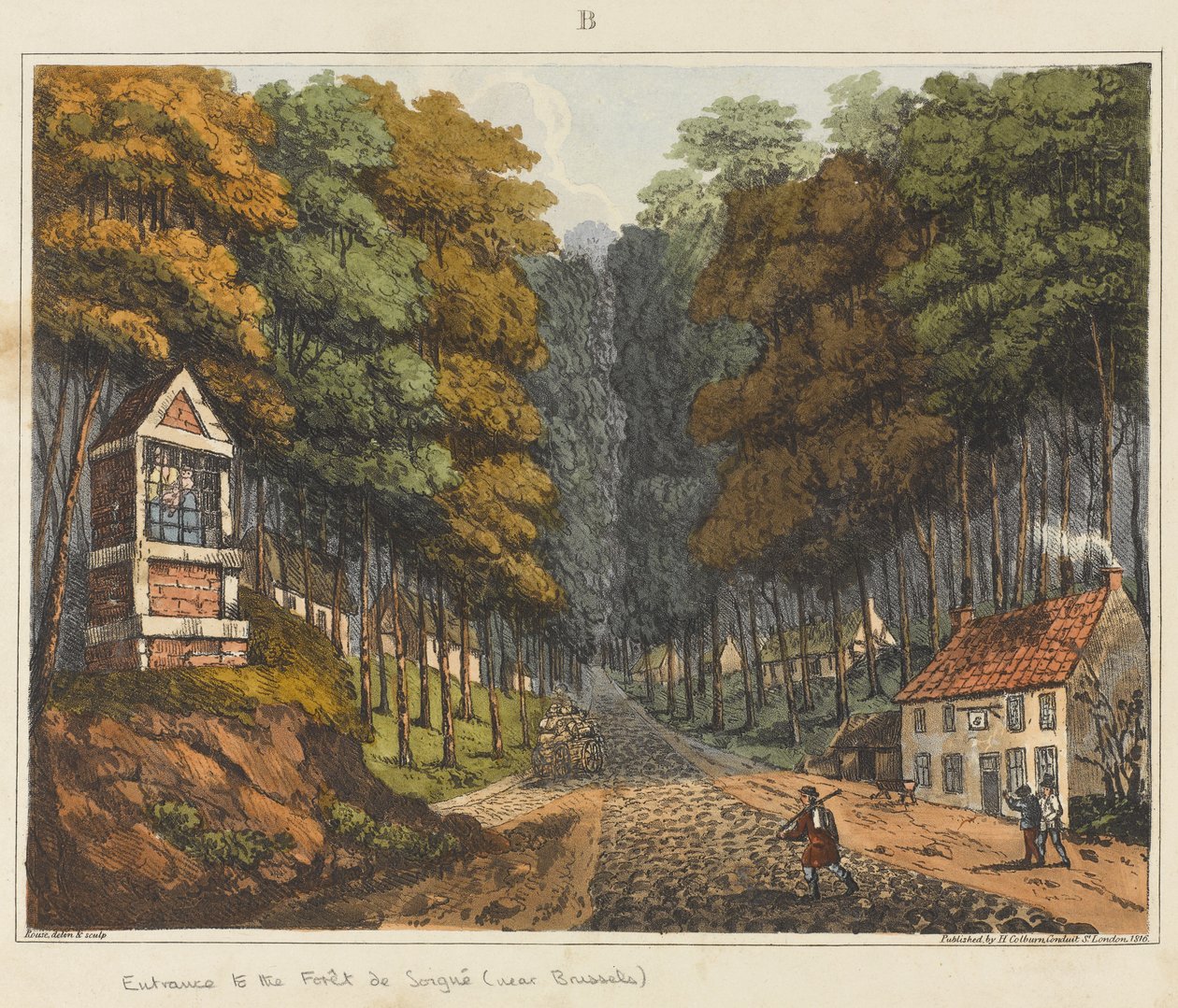 Ingången till Foret de Soigne, nära Bryssel, 1815, från "An Historical Account of the Battle of Waterloo", 1817 (färgad akvatint) av James Rouse