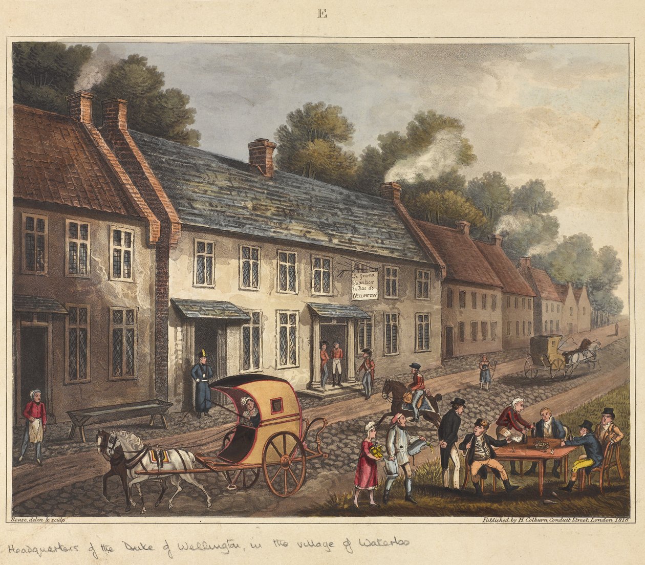 Högkvarter för hertigen av Wellington i byn Waterloo, från "An Historical Account of the Battle of Waterloo", 1817 (färgad akvatint) av James Rouse