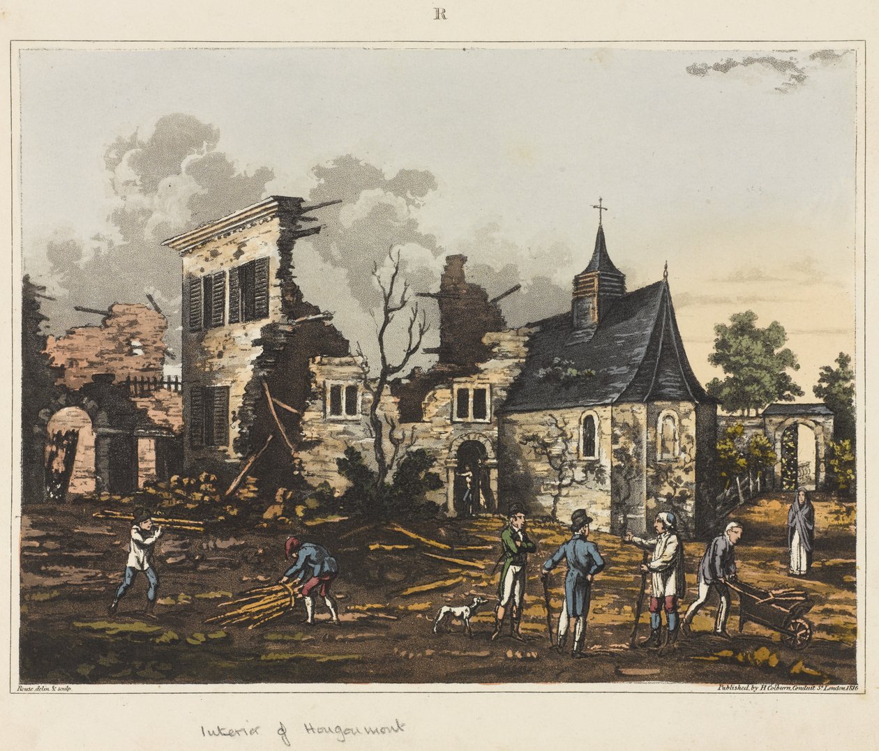 Interiör av Hougoumont, från "An Historical Account of the Battle of Waterloo", 1817 (färgad akvatint) av James Rouse