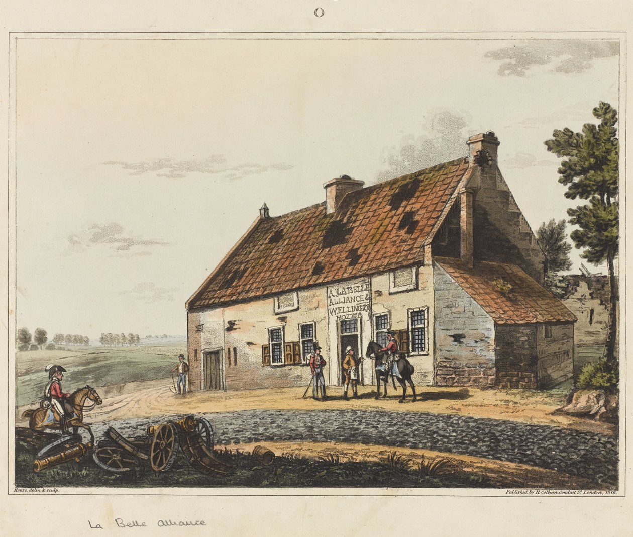 La Belle Alliance, från "An Historical Account of the Battle of Waterloo", 1817 (färgad akvatint) av James Rouse