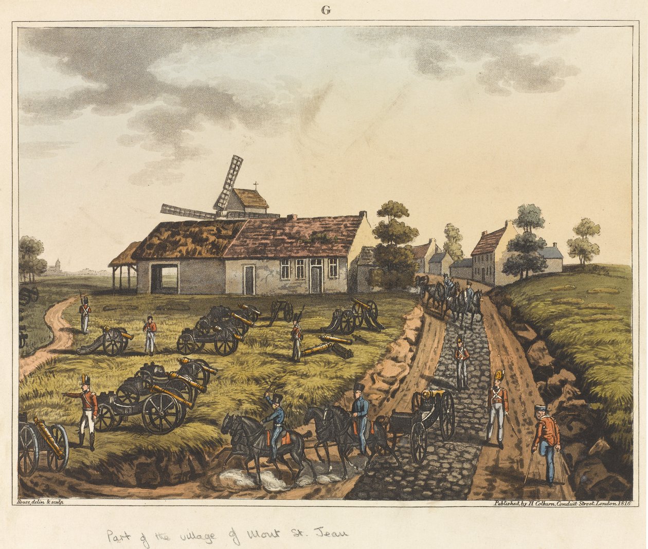 En del av byn Mont St Jean, från "An Historical Account of the Battle of Waterloo", 1817 (färgad akvatint) av James Rouse