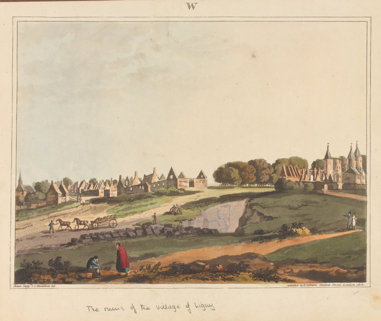 ?Ruinerna av byn Ligny?, 1815 av James Rouse