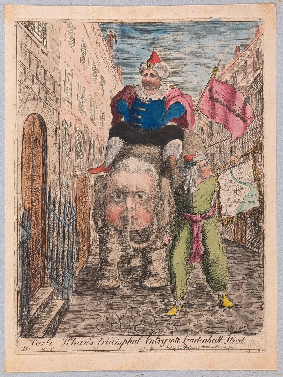 Carlo Khans Triumphal Entry in Leadenhall Street, pub. 1783 (handfärgad gravyr) av James Sayers