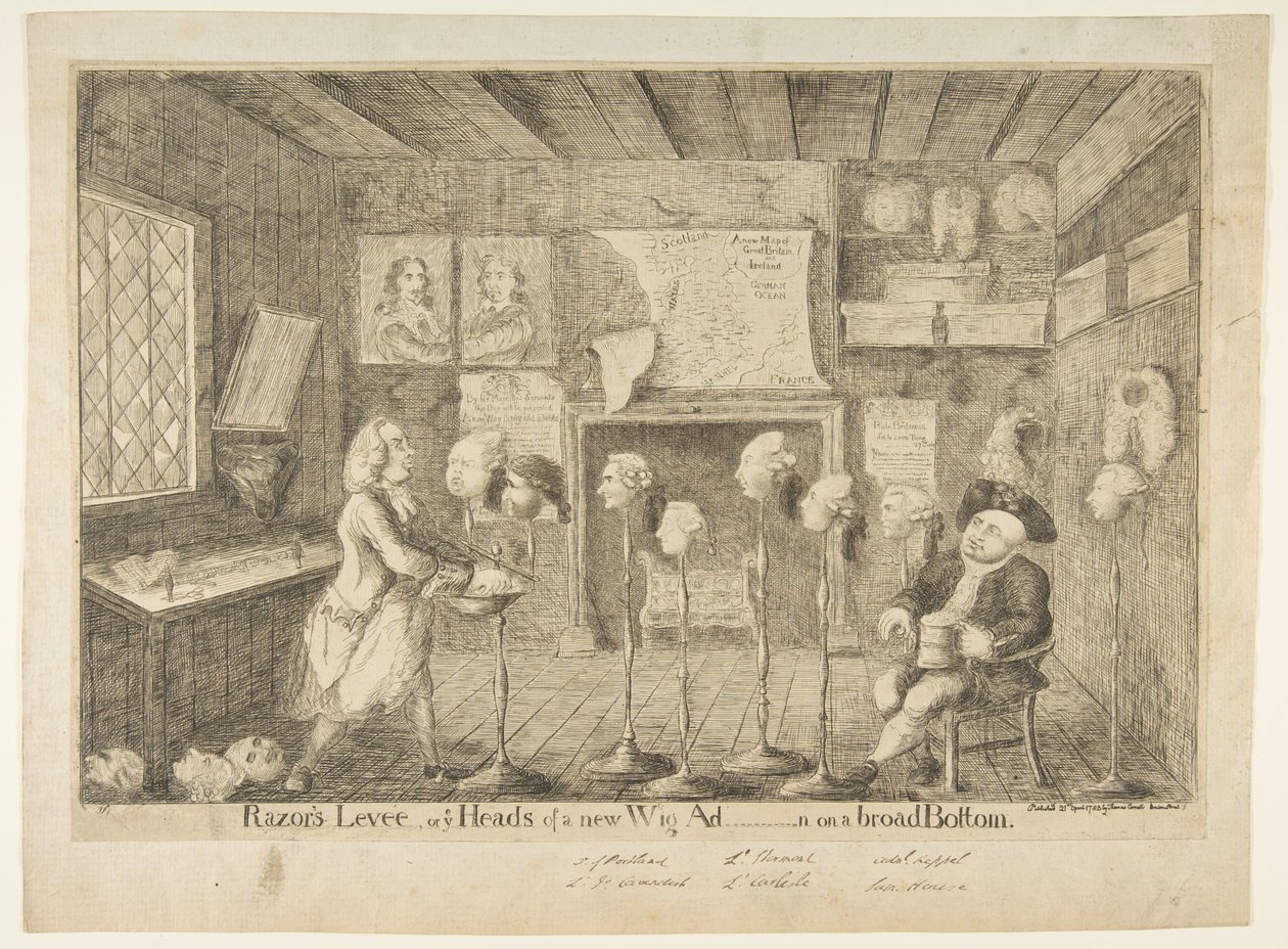 Razors Levée, eller Ye Heads of a New Wig Ad[ministration] on a Broad Bottom, 21 april 1783. av James Sayers