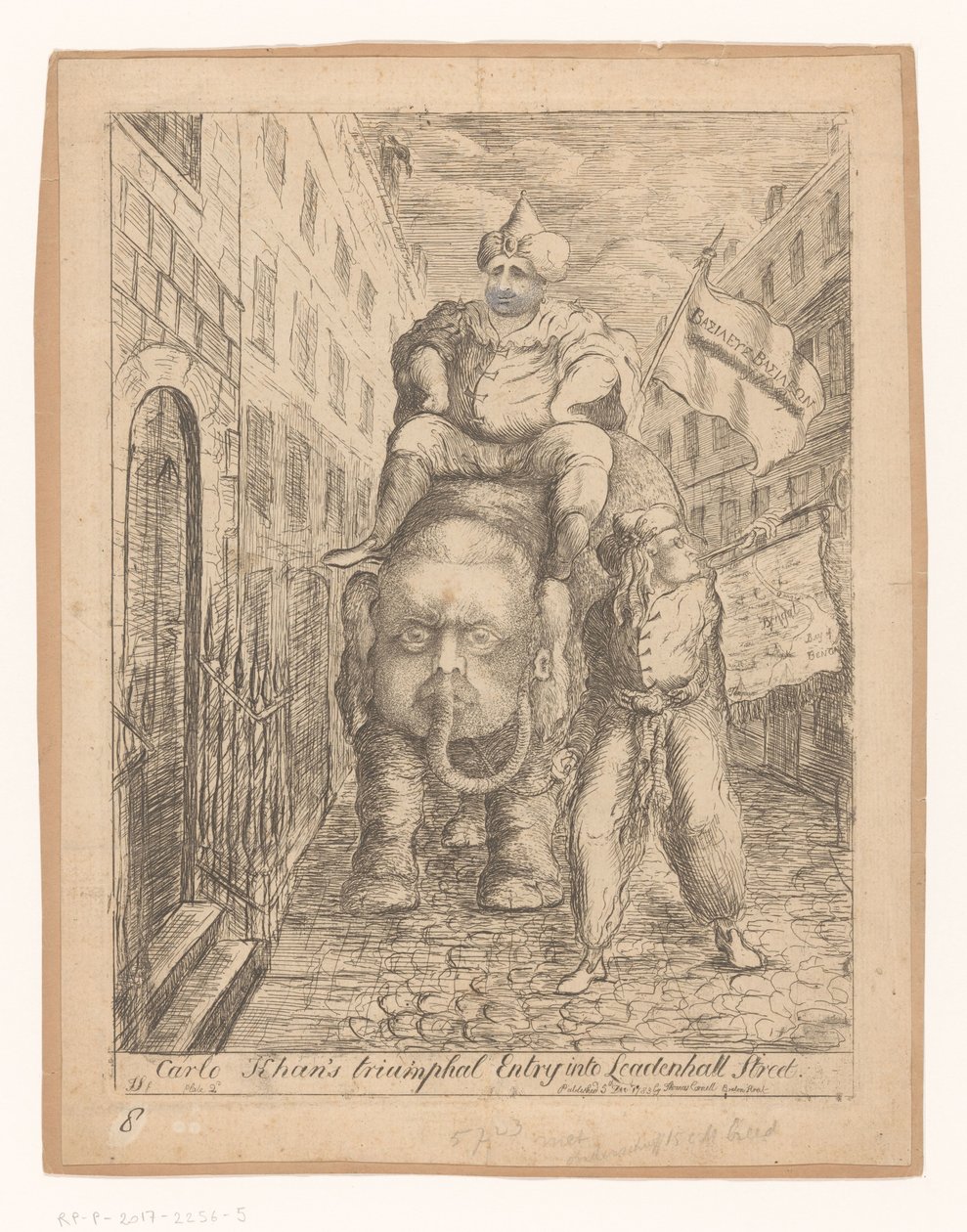 Spotprent på Charles Fox Carlo Khans triumferande inträde på Leadenhall Street (titel på objektet) av James Sayers