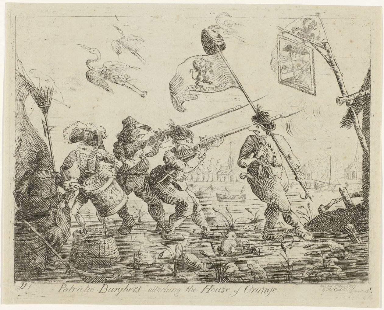 Spotprent op Goejanverwellesluis, 1787 Patriotiska borgare attackerar House of Orange (titel på objekt) av James Sayers