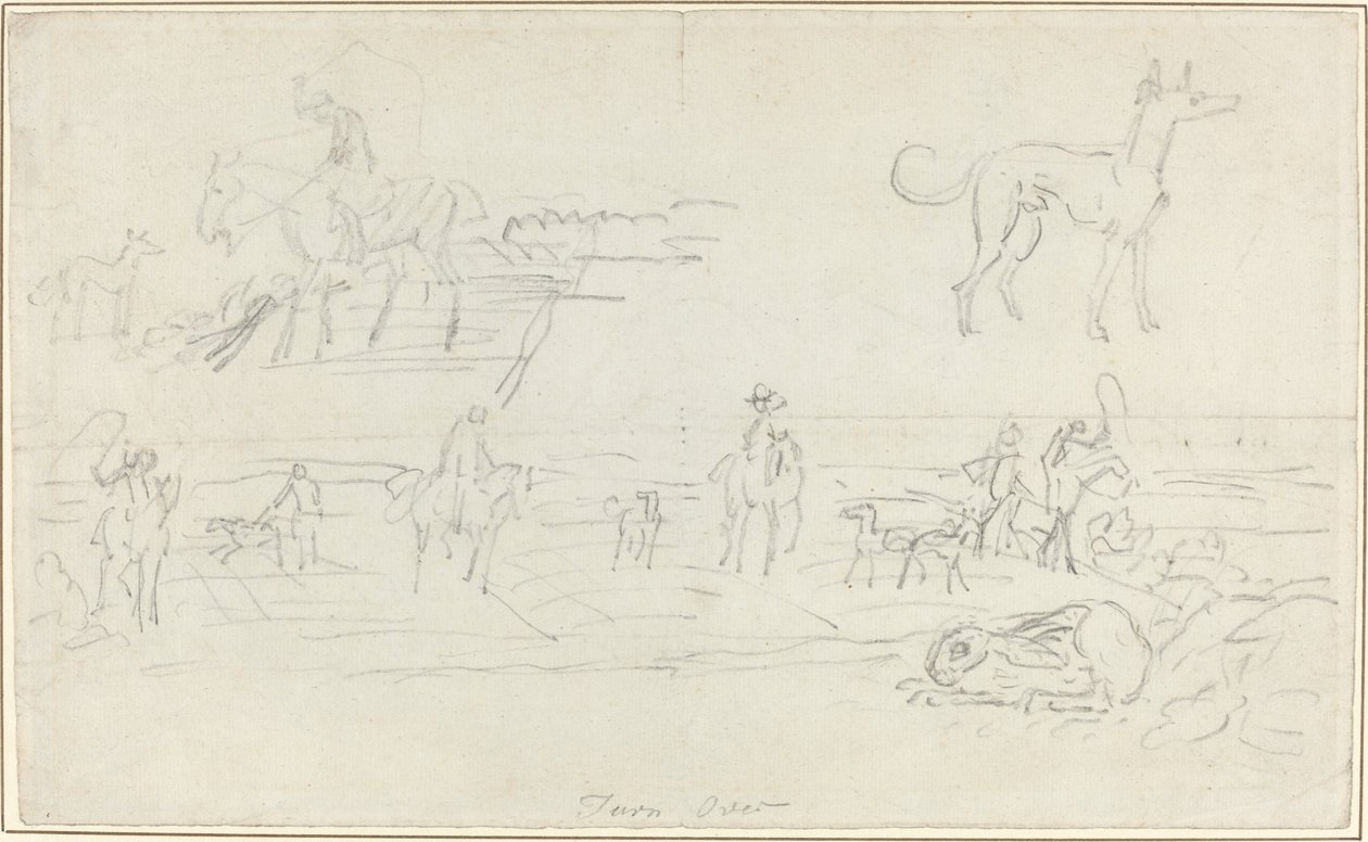 Jägare med hundar och en hukande hare [recto] av James Seymour
