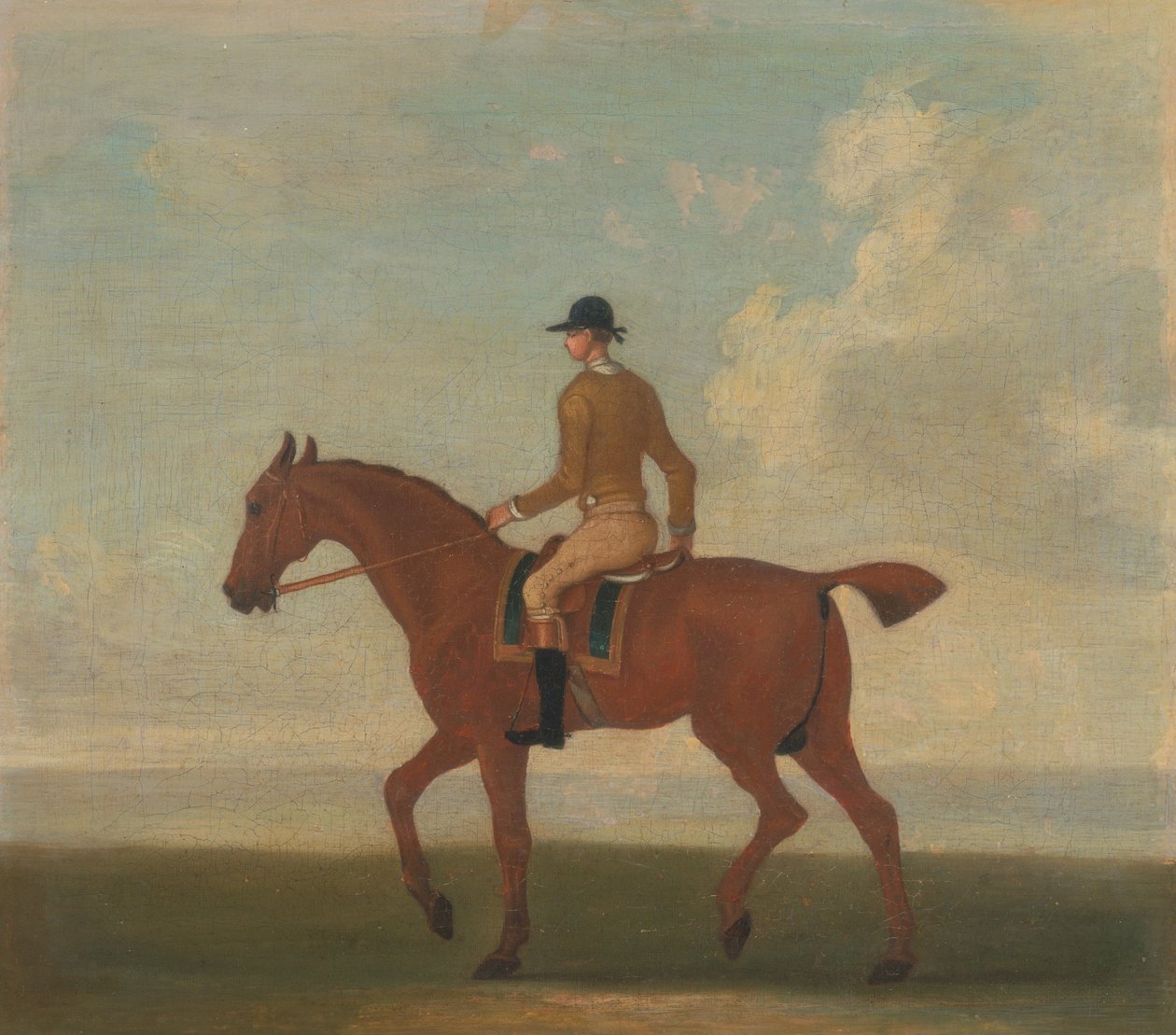 Ett av fyra porträtt av hästar - en kastanjebrun kapplöpningshäst med jockey Upp: gående till vänster; jockey i buff-gul jacka av James Seymour