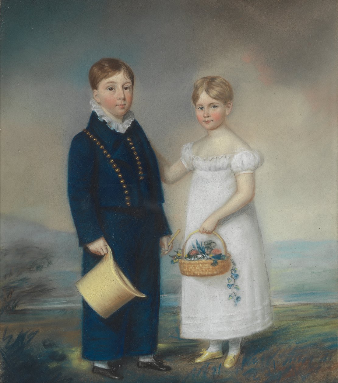 Pojke som håller en hatt och flicka som håller en korg med blommor, står i ett landskap av James Sharples