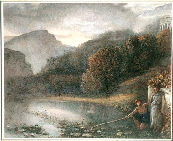 Landskap med tempel och pastorala figurer (akvarell på papper) av James Smetham