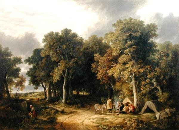 Läger i ett skogsområde (olja på duk) av James Stark