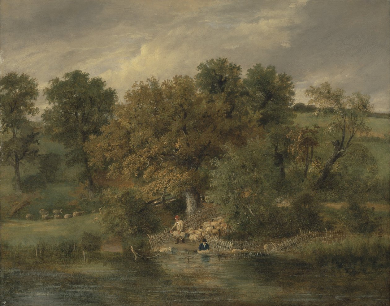 Fårtvätt i Postwick Grove, Norwich, ca 1822 (olja på panel) av James Stark