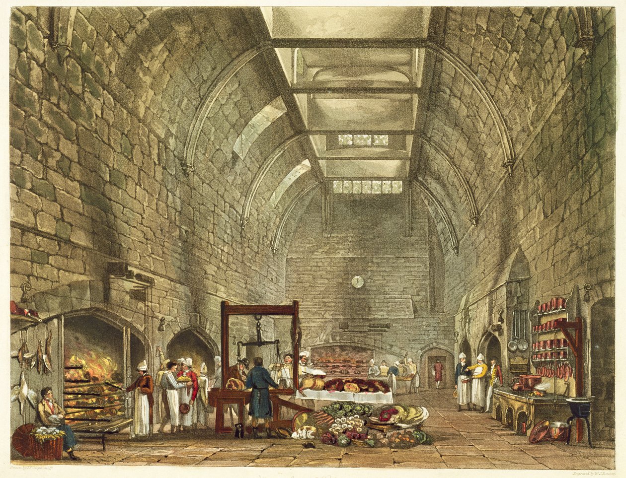 Ancient Kitchen, Windsor Castle, graverat av William James Bennett (1787-1844) från "The History of the Royal Residences" av William Henry Pyne (1769-1843) pub. 1818 av James Stephanoff