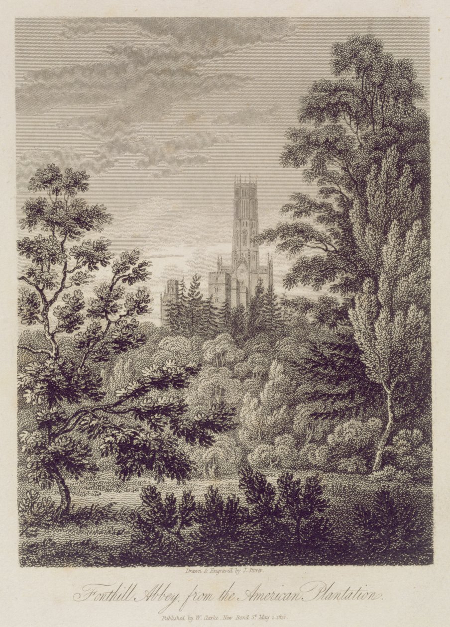 Fonthill Abbey från American Plantation, utgiven av W. Clarke, New Bond Street, 1812 av James Storer