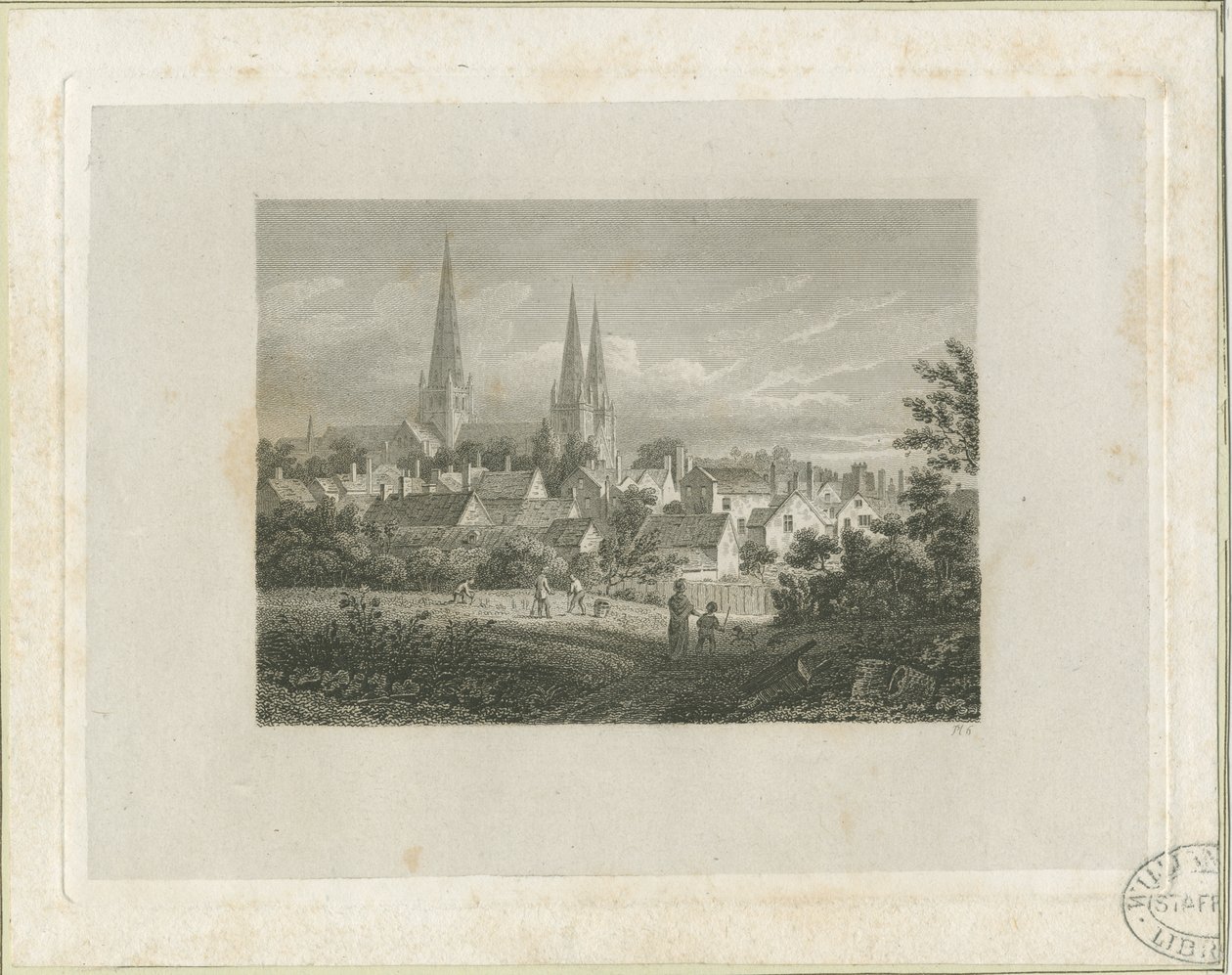 Lichfield Cathedral - North North West view (avlägsen): gravyr, nd [c 1816] (tryck) av James Storer