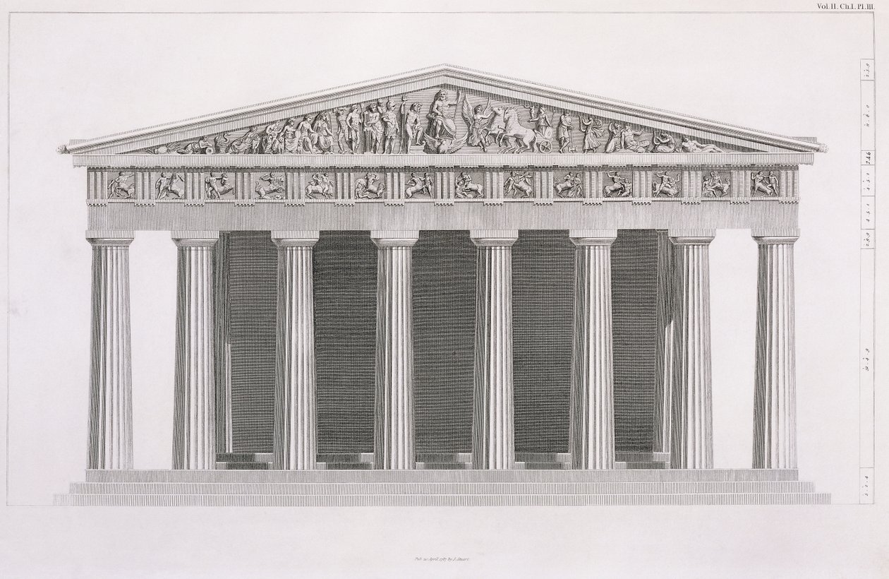 Frontvy av en klassisk byggnad, volym II, kapitel I, tavla III, från "The Antiquities of Athens", av James Stuart av James Stuart