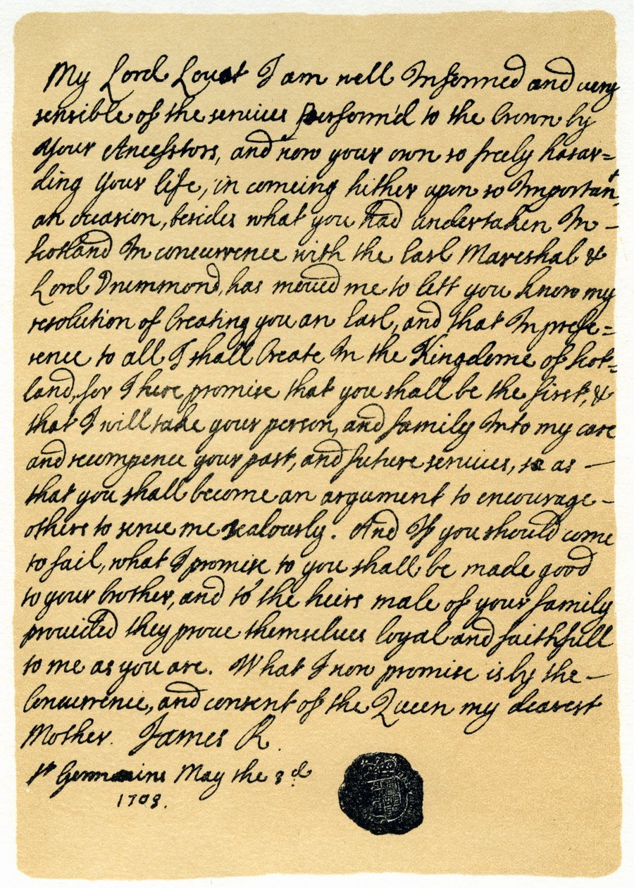Brev från James Edward Stuart till Simon Fraser, Lord Lovat, St Germains, 3 maj 1703. av James Stuart