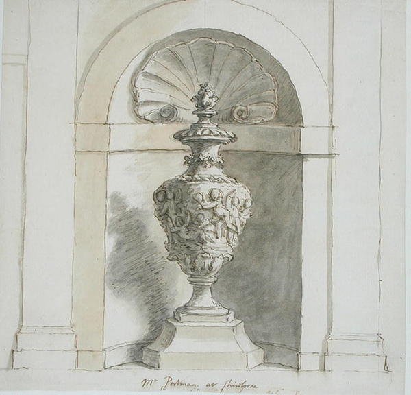 En nisch för Mr Portmans House i Sherborne (penna, bläck och brunt tvätt på papper) av James Thornhill