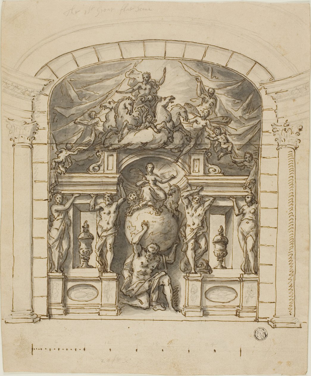Design för scenografi (Hampton Court) med mytologiska figurer av James Thornhill