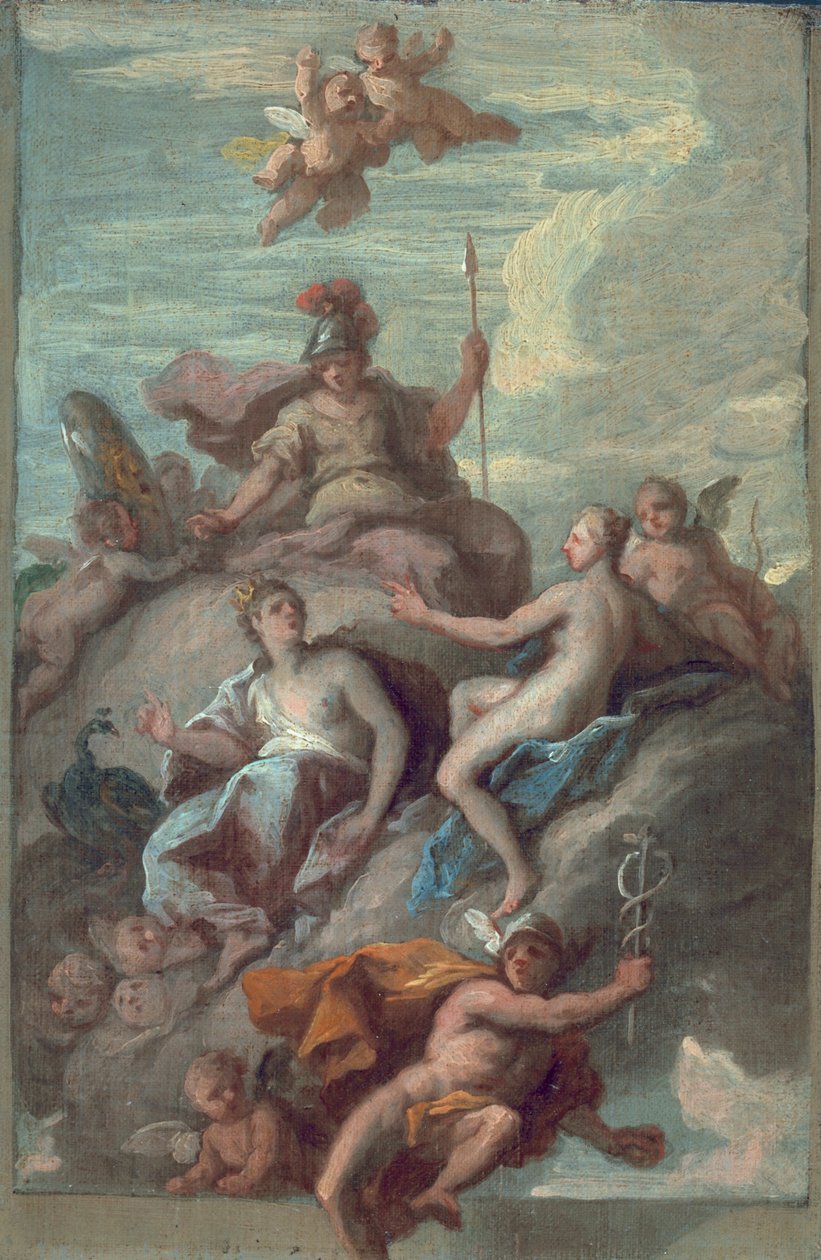 Juno, Minerva och Venus skickar Merkurius med discordens äpple, ca 1718 av James Thornhill