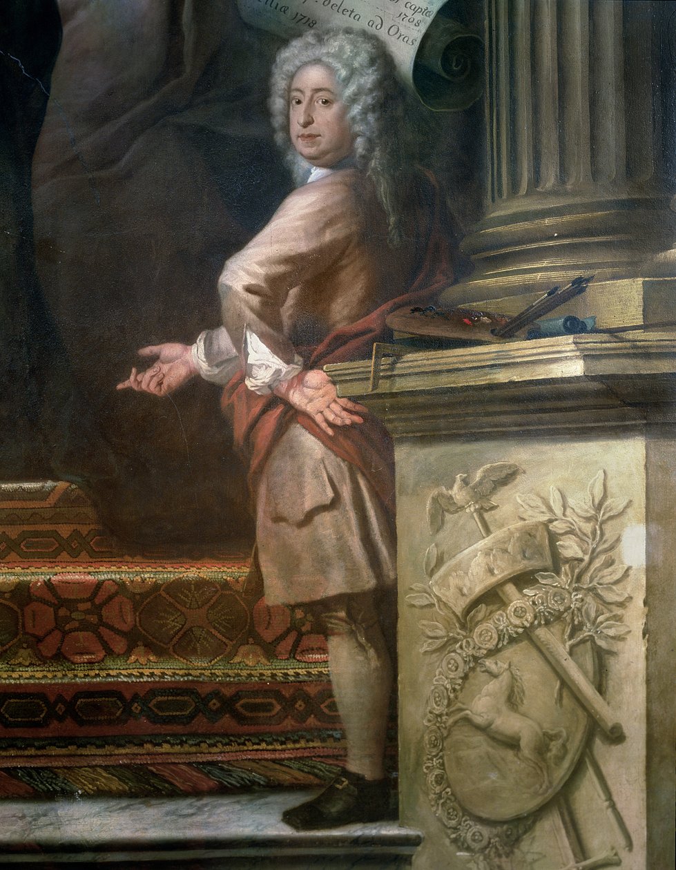 Bakre väggmålning av Upper Hall som glorifierar George I 1660-1727 och House of Hannover, detalj av konstnären, 1718-24 se 208091 av James Thornhill
