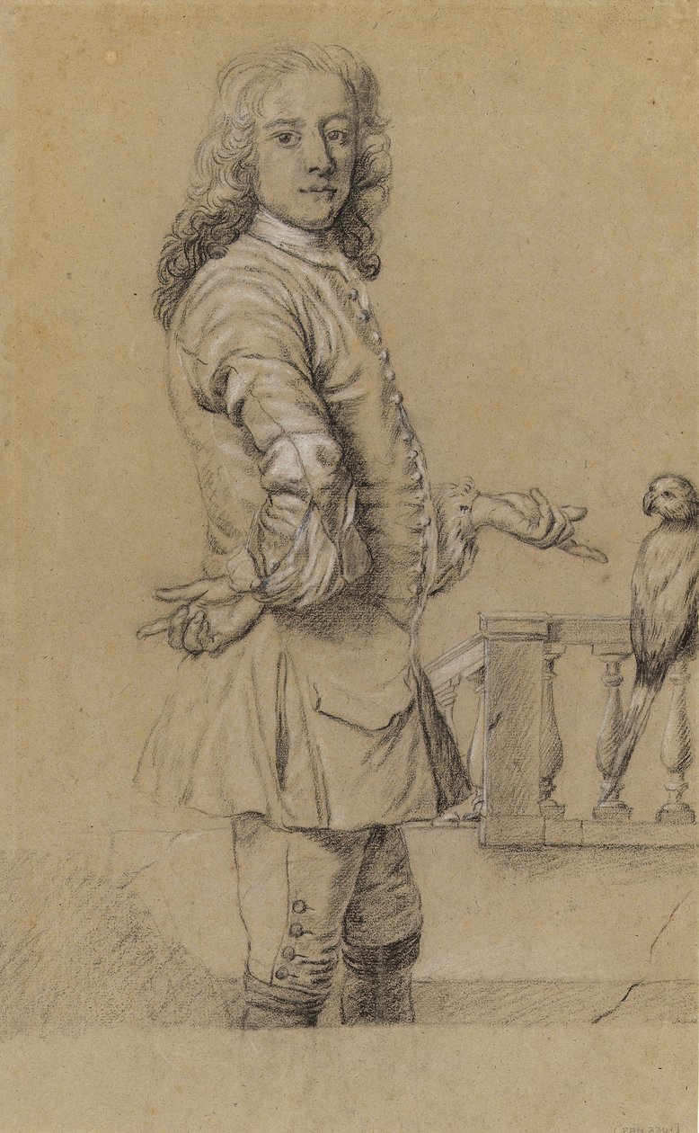 Självporträtt med papegoja, tidigt 1700-tal (svartvit krita) av James Thornhill