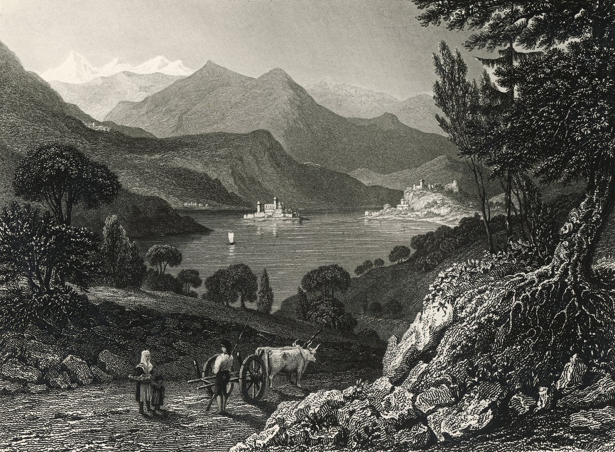Lake Orta, gravyr av James Tibbits Willmore (1800-1863), från teckning av William Brockedon (1787-1854) av James Tibbitts Willmore