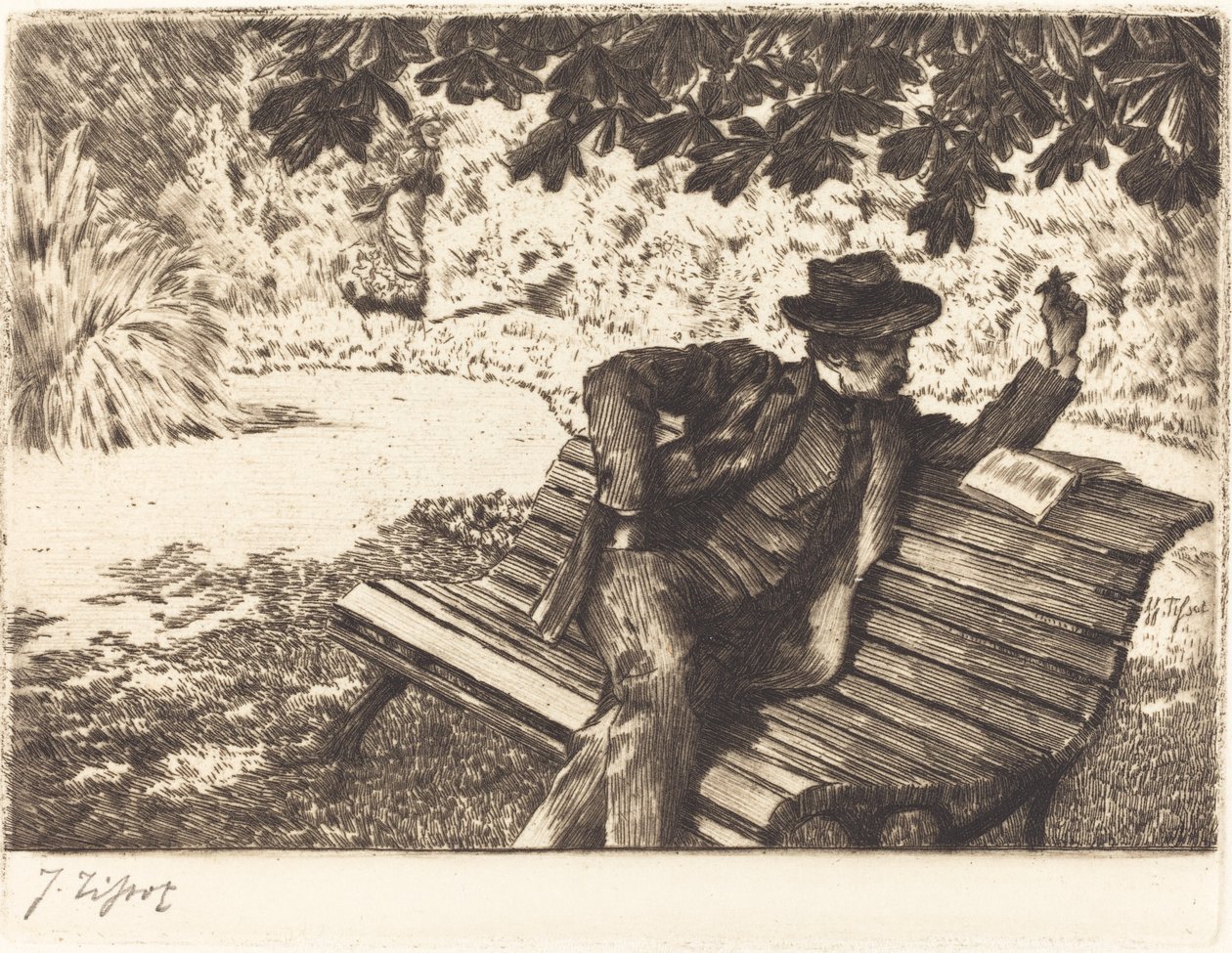 Denoisel läser i trädgården, 1882. av James Tissot