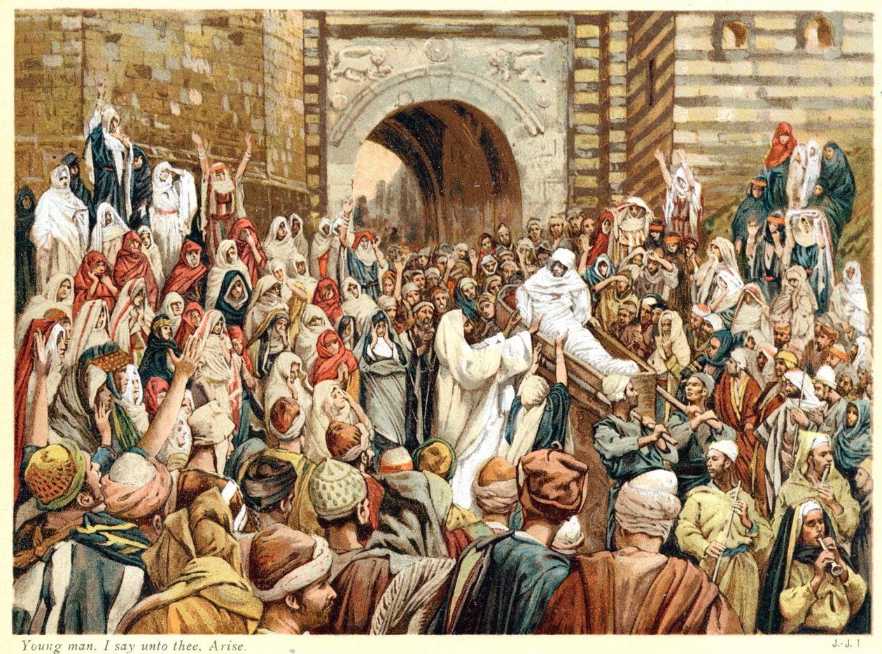 Jesus uppfostrar änkans son i Nain, c1890 av James Tissot
