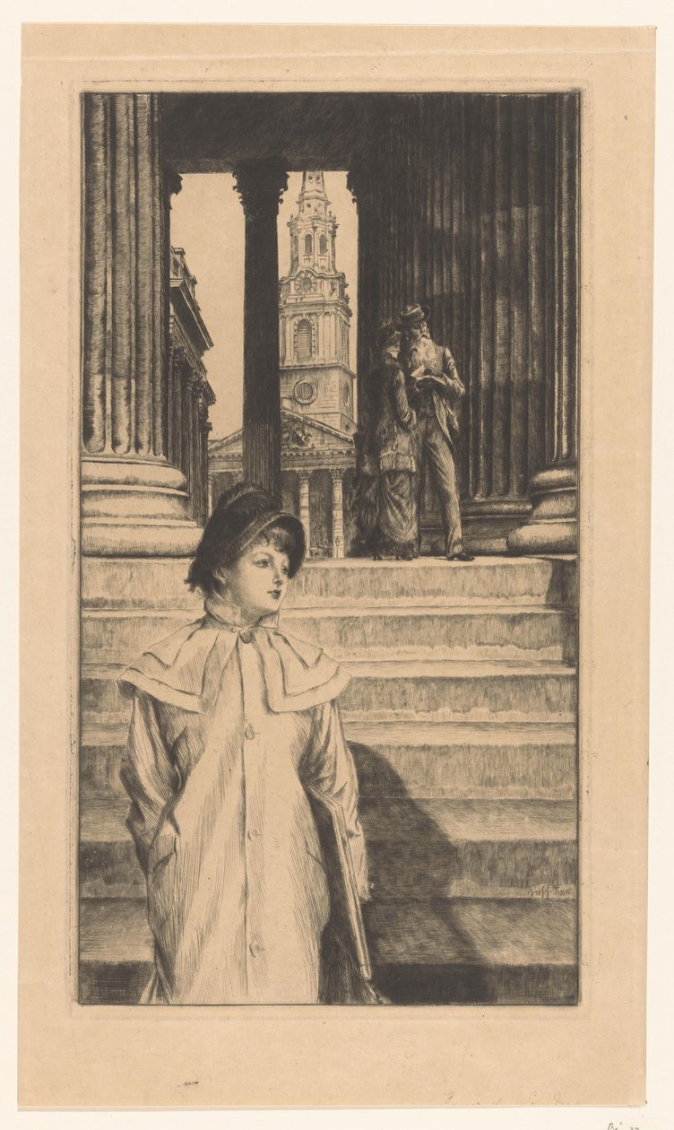 Ung kvinna går ner för trappan på National Gallery i London av James Tissot